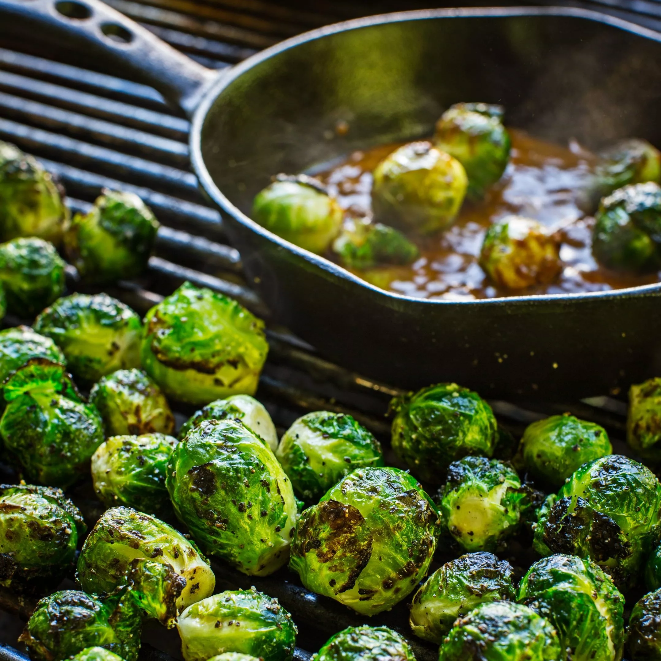 Grilled Brussels Sprouts with Warm Bacon and Mustard Vinaigrette