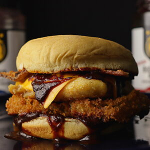 bbq chicken burger with cheese and Rock'n Red 2.0 BBQ Sauce