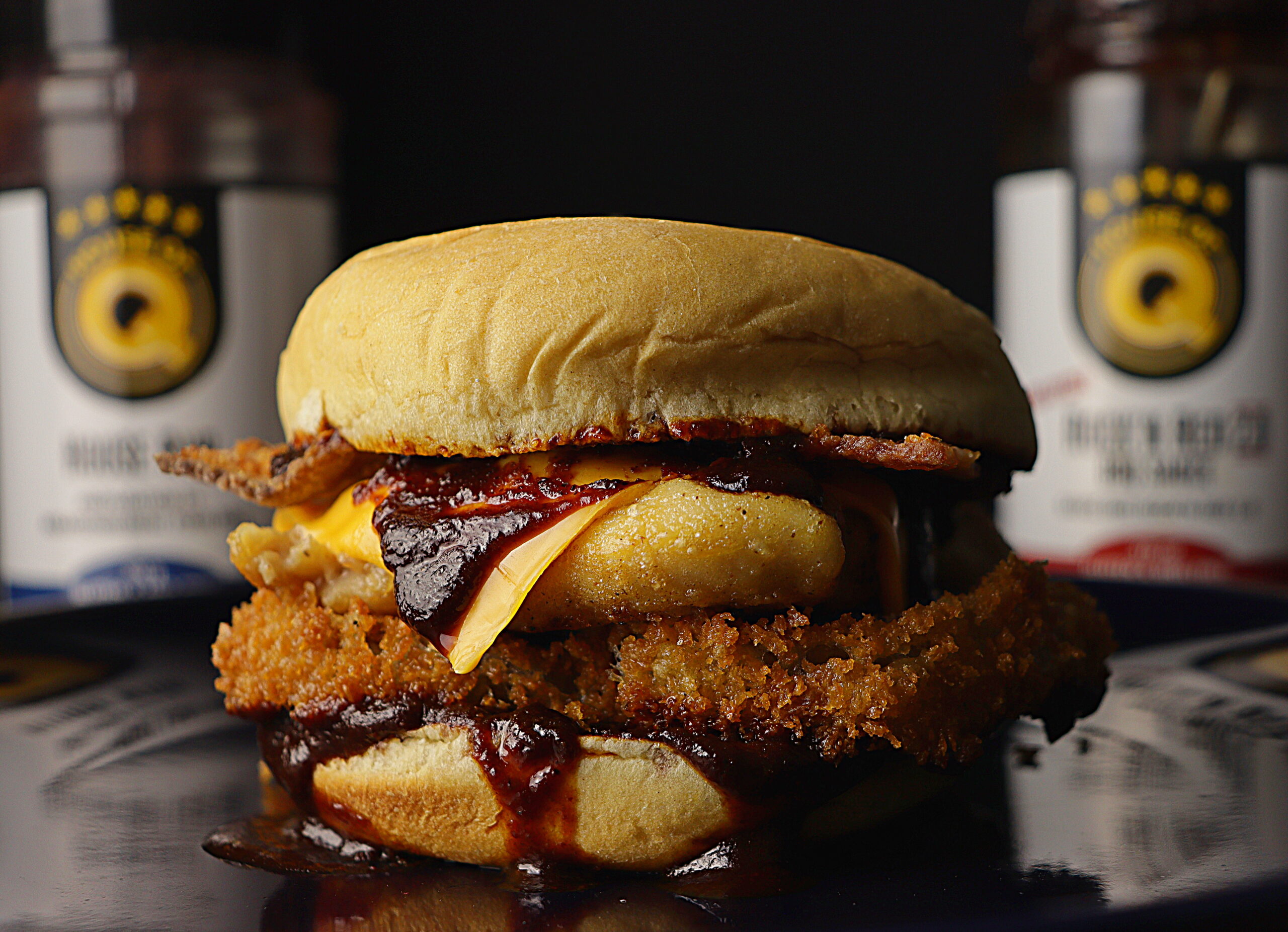 bbq chicken burger with cheese and Rock'n Red 2.0 BBQ Sauce