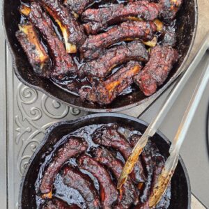 grilled sticky ribs overhead finished 2 pans horizontal