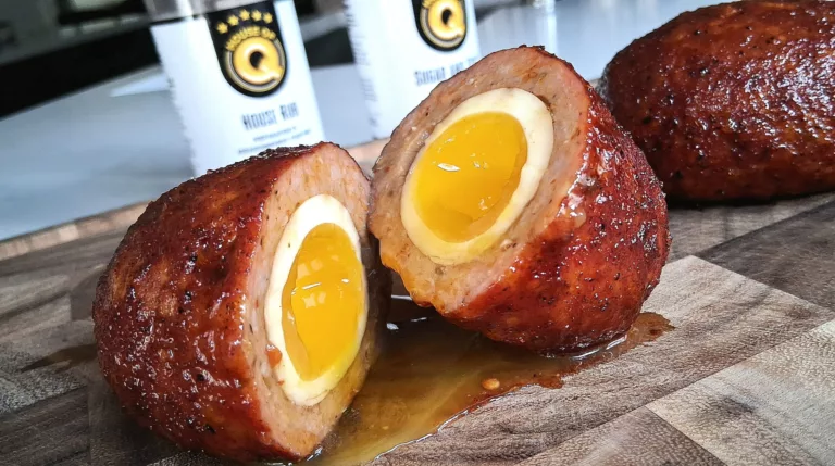 slow smoked scotch eggs split open with creamy egg yolk